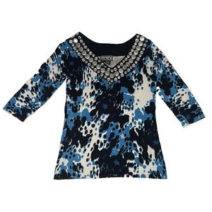 Berek Sweater Women's Small Blue Multicolor Studded Neckline 3/4 Sleeves